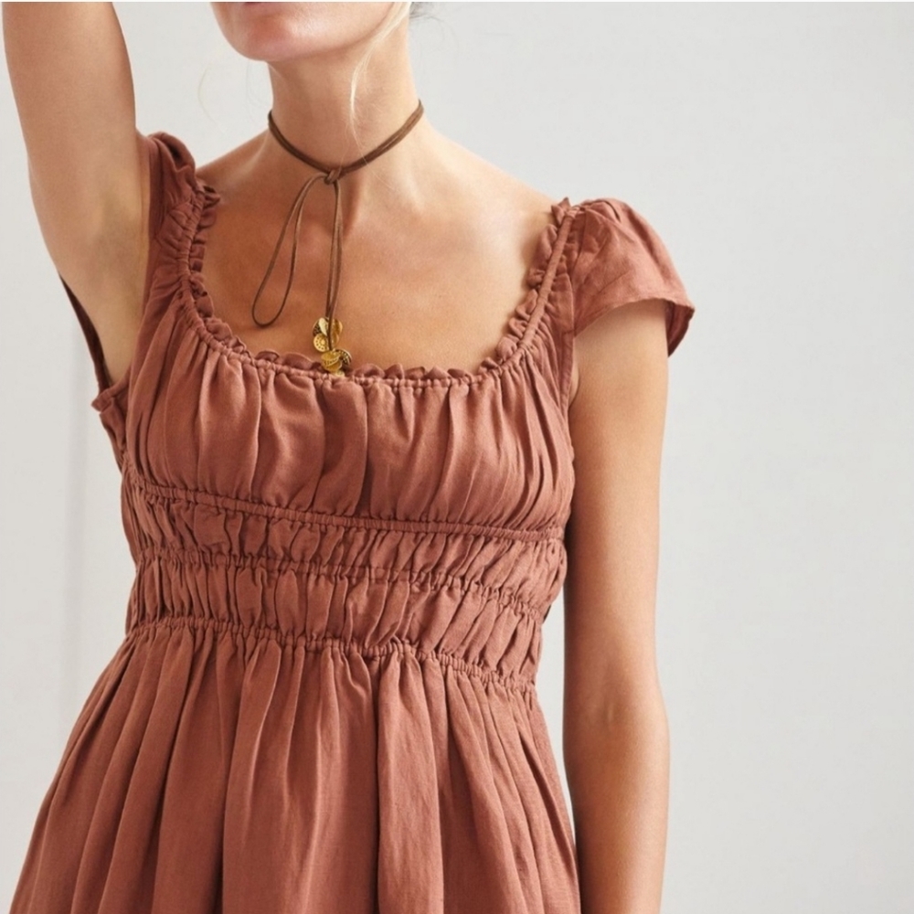 NWT Anthropologie Linen Smocked Waist Mini Dress - Picture 4 of 9